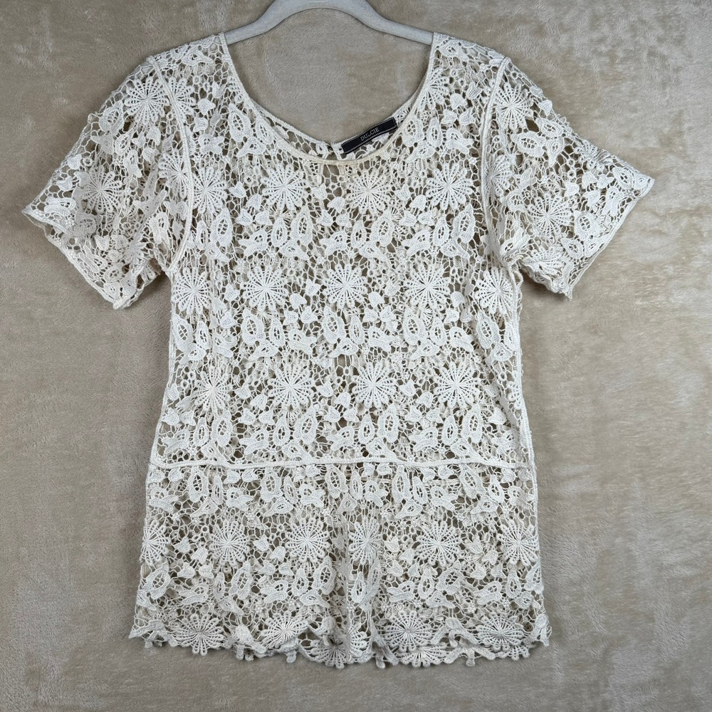Dulcie Cream Floral Crochet Lace Short Sleeve‎ Button Back Top Ivory Boho Small